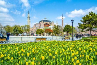 Ayasofya, İstanbul'daki Sultan Ahmet Meydanı'nda lale ve çeşmenin arkasında görülüyor.