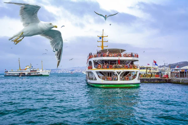 Muslim architecture and water transport in Turkey - Beautiful View touristic landmarks from sea voyage on Bosphorus. Cityscape of Istanbul at sunset - old mosque and turkish steamboats, view on Golden Horn.