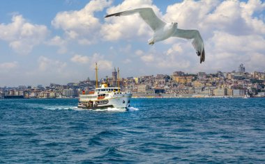 Türkiye'de Müslüman mimarisi ve su taşıma - güzel manzara turistik yerlerinden denizden Boğaz üzerinde yolculuk. Cityscape gün batımında - Istanbul 'un eski Camii ve Türk vapurlar, görüntülemek Haliç '.