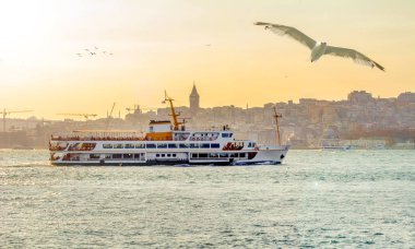 Türkiye'de Müslüman mimarisi ve su taşıma - güzel manzara turistik yerlerinden denizden Boğaz üzerinde yolculuk. Cityscape gün batımında - Istanbul 'un eski Camii ve Türk vapurlar, görüntülemek Haliç '.