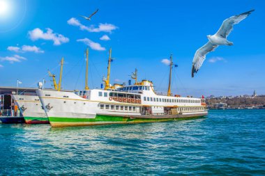 Türkiye'de Müslüman mimarisi ve su taşıma - güzel manzara turistik yerlerinden denizden Boğaz üzerinde yolculuk. Cityscape gün batımında - Istanbul 'un eski Camii ve Türk vapurlar, görüntülemek Haliç '.