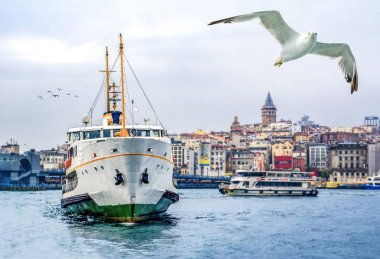 Türkiye'de Müslüman mimarisi ve su taşıma - güzel manzara turistik yerlerinden denizden Boğaz üzerinde yolculuk. Cityscape gün batımında - Istanbul 'un eski Camii ve Türk vapurlar, görüntülemek Haliç '.