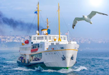 Türkiye'de Müslüman mimarisi ve su taşıma - güzel manzara turistik yerlerinden denizden Boğaz üzerinde yolculuk. Cityscape gün batımında - Istanbul 'un eski Camii ve Türk vapurlar, görüntülemek Haliç '.