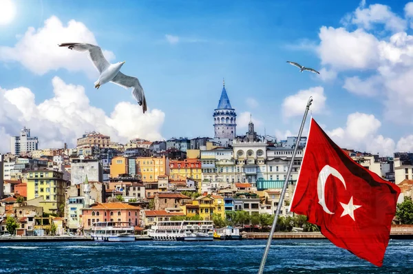 İstanbul Manzara - Galata köprüsü ve Beyoğlu ilçesinin rıhtım yakınındaki eski kentin şehir silueti. Haliç üzerinde yolcu gemileri, Türk bayrağı ve uçan kuşlar ile sahil manzarası