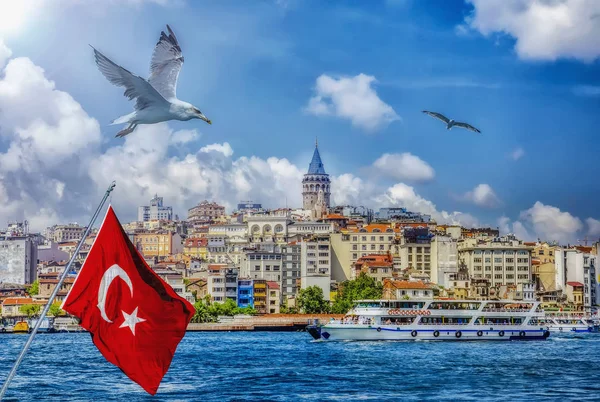 İstanbul Manzara - Galata köprüsü ve Beyoğlu ilçesinin rıhtım yakınındaki eski kentin şehir silueti. Haliç üzerinde yolcu gemileri, Türk bayrağı ve uçan kuşlar ile sahil manzarası