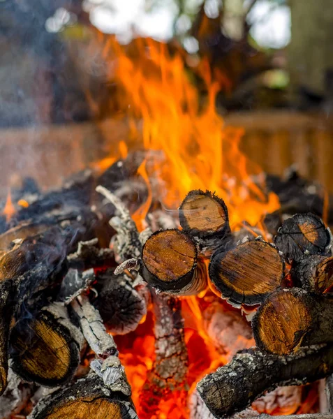 Verkohltes Holz Und Helle Flammen Auf Dunklem Hintergrund — Stockfoto