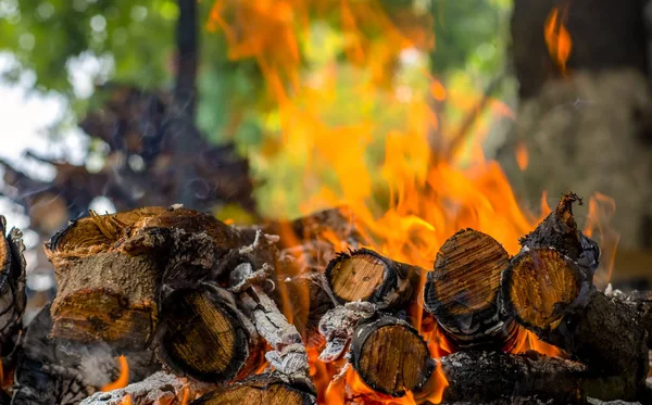 Verkohltes Holz Und Helle Flammen Auf Dunklem Hintergrund — Stockfoto