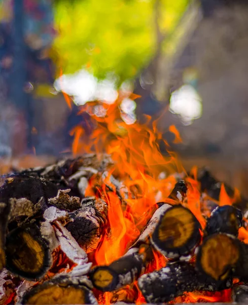 Verkohltes Holz Und Helle Flammen Auf Dunklem Hintergrund — Stockfoto