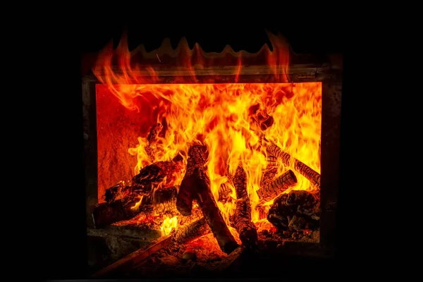 Bois Carbonisé Flammes Vives Sur Fond Sombre — Photo