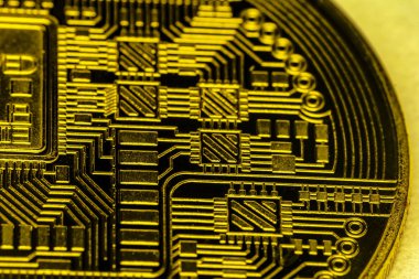 Bitcoins ve yeni sanal para kavramı. Altın bitcoins Mum grafiği grafik ve dijital arka plan sopa. Altın sikke simge mektup B.Mining veya blockchain teknolojisi ile