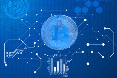 Bitcoins ve yeni sanal para kavramı. Altın bitcoins Mum grafiği grafik ve dijital arka plan sopa. Altın sikke simge mektup B.Mining veya blockchain teknolojisi ile
