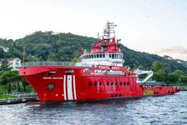 İstanbul, Türkiye 19 Ağustos 2019: Sahil Güvenlik devriye botu kurtarmaya koştu. Haliç'te İstanbul manzarası.