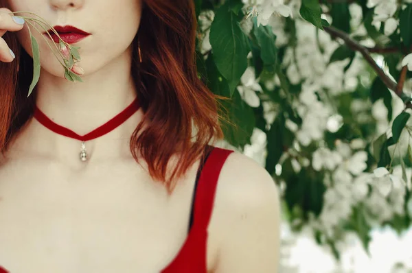 Güzel genç kadın çiçekli bir bahar bahçesinde koku zevk. Beutiful ağacı, çiçekler. Kızıl saçlı, mavi gözlü ve kırmızı elbise, ellerinde çiçekler tutar.