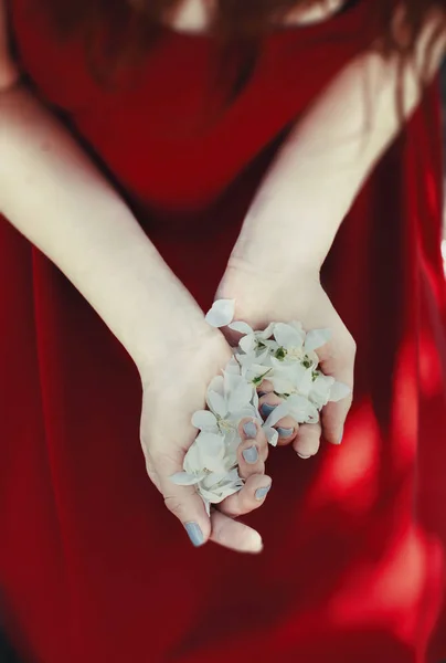 Güzel genç kadın çiçekli bir bahar bahçesinde koku zevk. Beutiful ağacı, çiçekler. Kızıl saçlı, mavi gözlü ve kırmızı elbise, ellerinde çiçekler tutar.