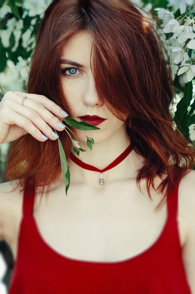 Güzel genç kadın çiçekli bir bahar bahçesinde koku zevk. Beutiful ağacı, çiçekler. Kızıl saçlı, mavi gözlü ve kırmızı elbise, ellerinde çiçekler tutar.