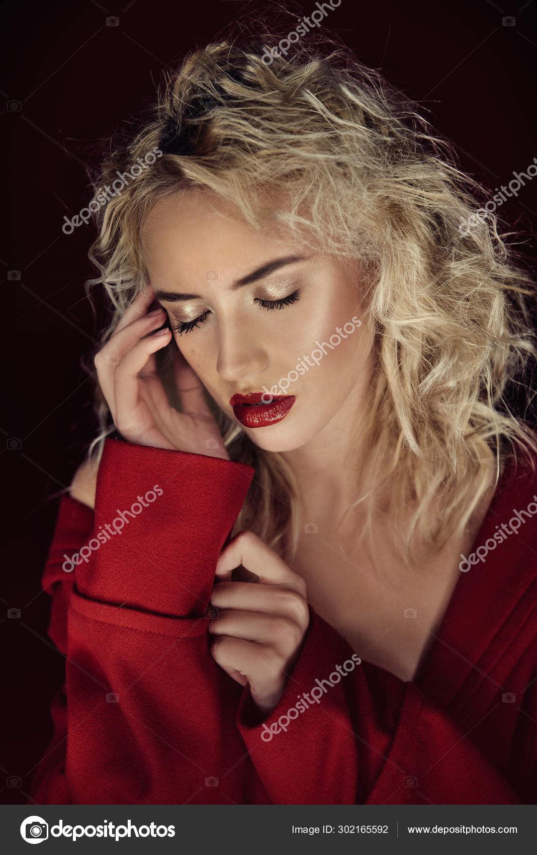 Beautiful Portrait Seductive Woman Light Blond Hair Blue Eyes Red