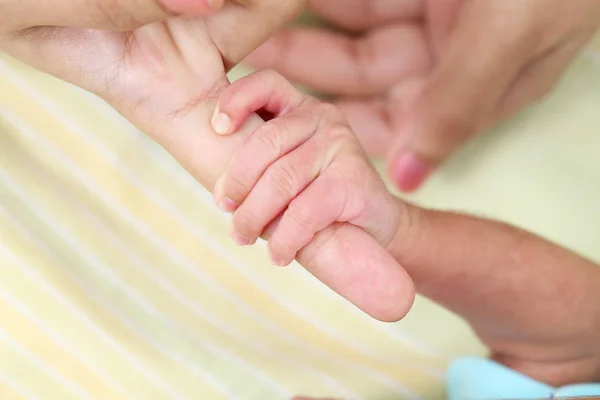 Close Newborn Hand Grasping Finger Parent — Stock Photo, Image