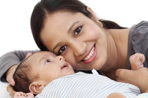 Cheerful Young Mother Playing Newborn Baby — Stock Photo, Image