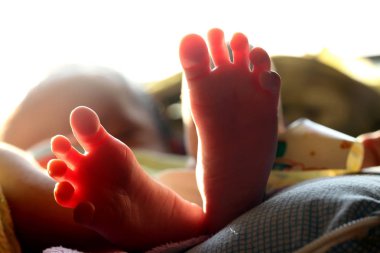 Yeni doğan bebeğin üst elinde minik ayak yakın çekim