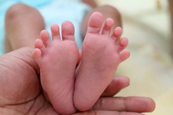 Närbild Lilla Foten Nyfött Barn Överordnade Händer — Stockfoto