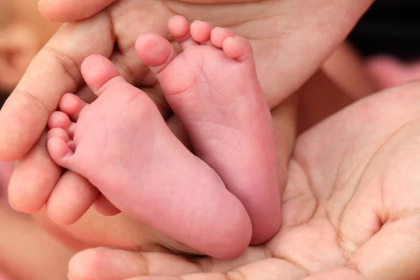 Close Van Kleine Voet Van Pasgeboren Baby Handen Van Ouder — Stockfoto