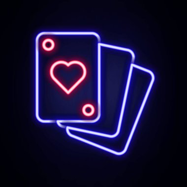 Parlayan neon hattı tuğla duvar arka planında izole edilmiş kart simgesi çalıyor. Kumarhane kumarı. Renkli taslak konsepti. Vektör.