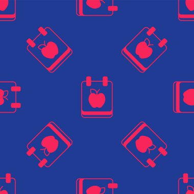 Kırmızı diyet planı simgesi mavi arka planda izole edilmiş, pürüzsüz bir desen. Fitness maratonu konsepti, düzgün beslenme, sağlıklı yemek, güzel vücut, sebze, zayıflama. Vektör.