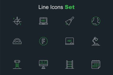 Satır okul takvimi Abacus Çevrimiçi Hukuk Sınıfı Sütun Lambası Sınav kağıdını yanlış cevaplarla ve Protractor ızgara simgesiyle ayarla. Vektör.