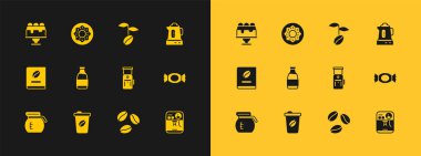 Elektrikli çaydanlık kahve fincanını kahve öğütücüsüne, süt şişesi kekine ve donut ikonuna çevir. Vektör.