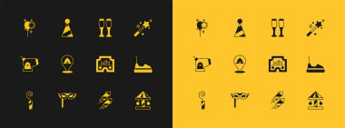 Sihirli Değnek Festivali Kumarhanesi Havai fişek sirki çadırı bovling çadırı balonlarını kurdele ve parti şapkası ikonu ile kazandı. Vektör.