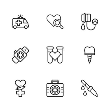 İlk yardım seti diş implantı Pipette test tüpünü kan basıncı ambulansı kalp muayenesi ve Smart watch ikonu ile ayarla. Vektör.