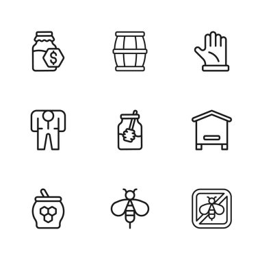 Arılar için Bee Hive hattını ayarlayın. Arı kovanı, bal kavanozunu ve arı kovanı çubuğu eldivenini kavanozda, tahta fıçıda ve kostüm ikonuyla durdurun. Vektör.