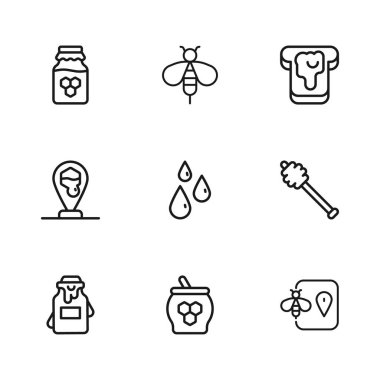 Jar of Honey and Dipper çubuğu, Bal Arısı konumu, ekmeği ve bal arısı ikonunu bırakıyor. Vektör.