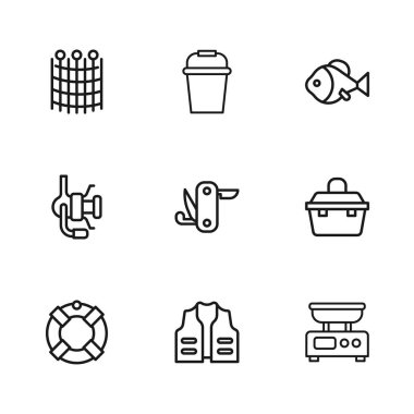 Balıkçı ceketi çantası ya da balıkçılık ekipmanları için kutu. Elektronik pullar, İsviçre ordu bıçak desen kovası ve dönen makara ikonu. Vektör.