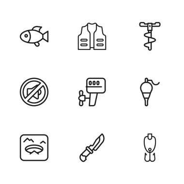 Misinayı ayarla, Knife Fishing kayığın dışına çekiliyor. Motor El buz matkabı ve hoparlör dilsiz ikonu. Vektör.