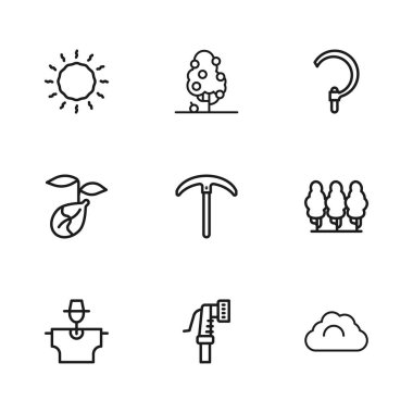 Bahçe Hortumu Meyve Ağaçları Bulutlu Hava Durumu Orak Güneş ve Filiz ikonu. Vektör.