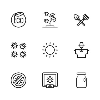 Kolorado böceği korkuluk kavanozunu vida kapaklı güneş küreğiyle ayarla ve sağlıklı ekolojik gıda filizi ve ikonu tırmıkla. Vektör.