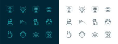 Vampir dişli Baykuş Balkabağı Ayı ve başrollerde Mutlu Cadılar Bayramı Kafatası ve Örümcek ikonu. Vektör.