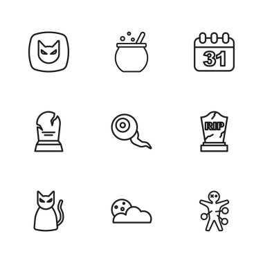 Set hattı Moon ve yıldız Tombstone ve RIP yazılı Voodoo bebeği Göz Cadılar Bayramı 31 Ekim Kara Kedi cadı kazanı ve ikonu. Vektör.