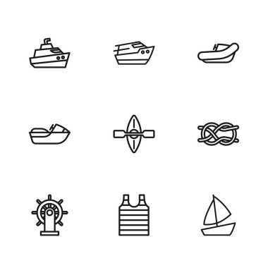 Çizgili denizci tişörtü, yatlı yelkenli kano düğümleri ve motorlu sürat teknesi ve jet ski ikonu ile şişirilebilir kürek. Vektör.