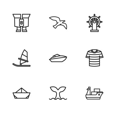 Balina kuyruğu çizgili denizci kargo gemisi Speedboat direksiyon dürbün kuş martı ve rüzgar sörfü ikonu. Vektör.