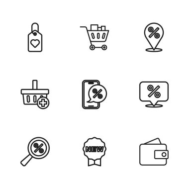 Yeni İndirim yüzde Cüzdan İndirimi ile birlikte etiket etiketini ayarla. Telefon konum kalbi alışveriş arabası ve yiyecek ve sepet ikonuna ekle. Vektör.