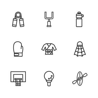Badminton servis aracı Kano ve kürek Kimono Fitness Sport genişletici Amerikan futbolu kale direği ve boks eldiveni ikonu üzerinde çizgi oluşturun. Vektör.