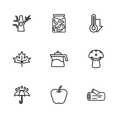 Apple Mantar Ahşap Ahşap Ahşap Ağaç Ağaç Teapot kütüğü, kavanozda salatalık turşusu ve Kanada akçaağaç yaprağı ikonu. Vektör.