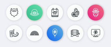 Balon 'u yonca yaprağı leprikon çizmeli tahta çizmeli tahta fıçı rafı. Bir bardak bira Aziz Patricks takvimi. Yonca ve Gökkuşağı ikonu. Vektör.