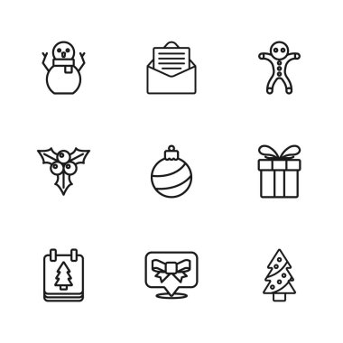 Hediye kutusu, Noel ağacı topu, bayram zencefilli kurabiye, kurabiye, kardan adam Envelope ve viburnum simgesi. Vektör.