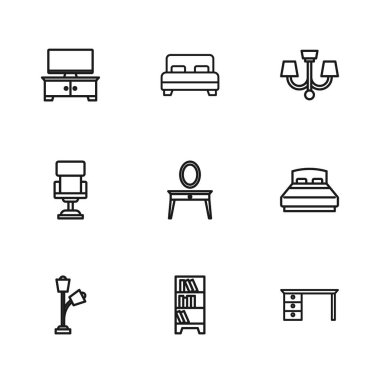 Kütüphane kitaplığını, Büyük Yatak Ofisi masasını, Chandelier TV standını ve sandalye ikonunu ayarla. Vektör.