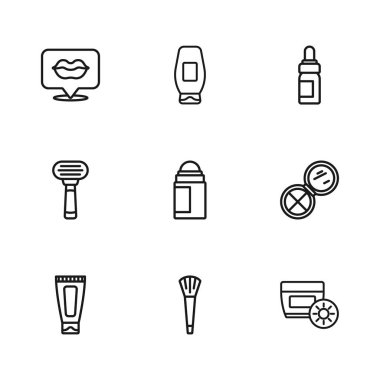 Tüp deodorant rulosuna aynalı güneş kremi sürerek makyaj fırçası tozu koyun. Gülümseyen dudaklar şampuan şişesi ve tıraş jileti ikonu. Vektör.