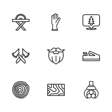 Ahşap kiriş uçak aracı Grapple vinç, ağaç bıyığı ve sakal aldı Ormanın Elektrikli elektrikli daire testere Koruyucu eldivenler ve balta ikonu. Vektör.