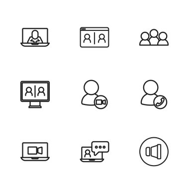 Hat görüntülü konuşma konferansı sözcüsü toplantı ve simgesini ayarla. Vektör.